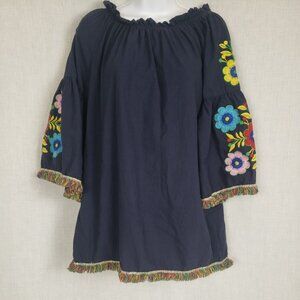 Festive Women's Boho Tunic Shirt (M) Floral Embroidered Fringe Navy Fun flower